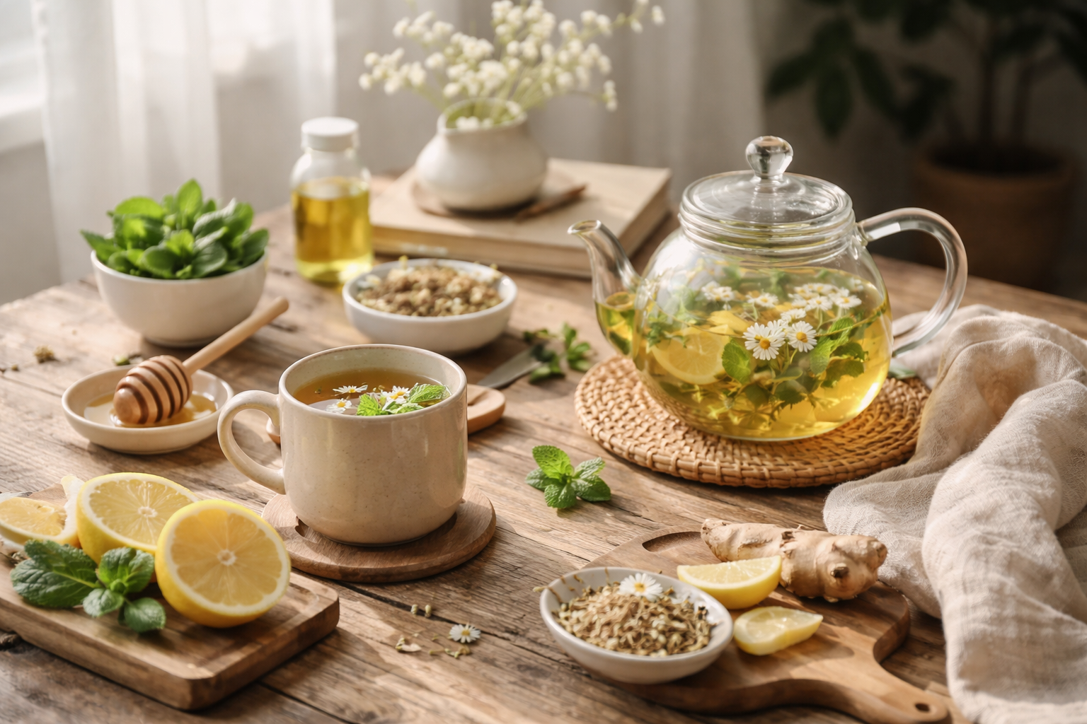 peaceful morning routine with natural herbal tea and fresh ingredients on a wooden table, soft natural lighting, minimal lifestyle photography